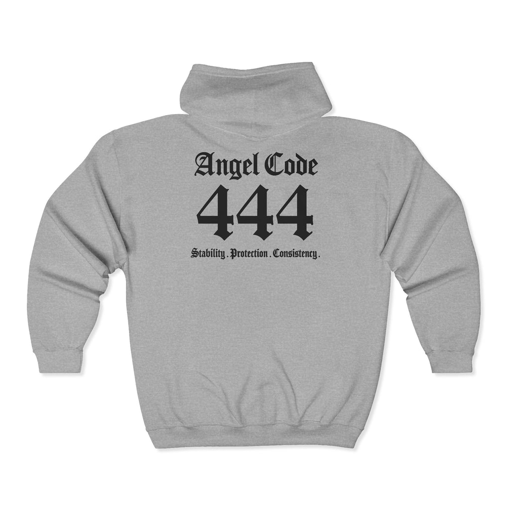 Unisex Manifestation Zip Hoodie 🪽🖤444 'Stability Protection Consistency' Gray Full-Zip