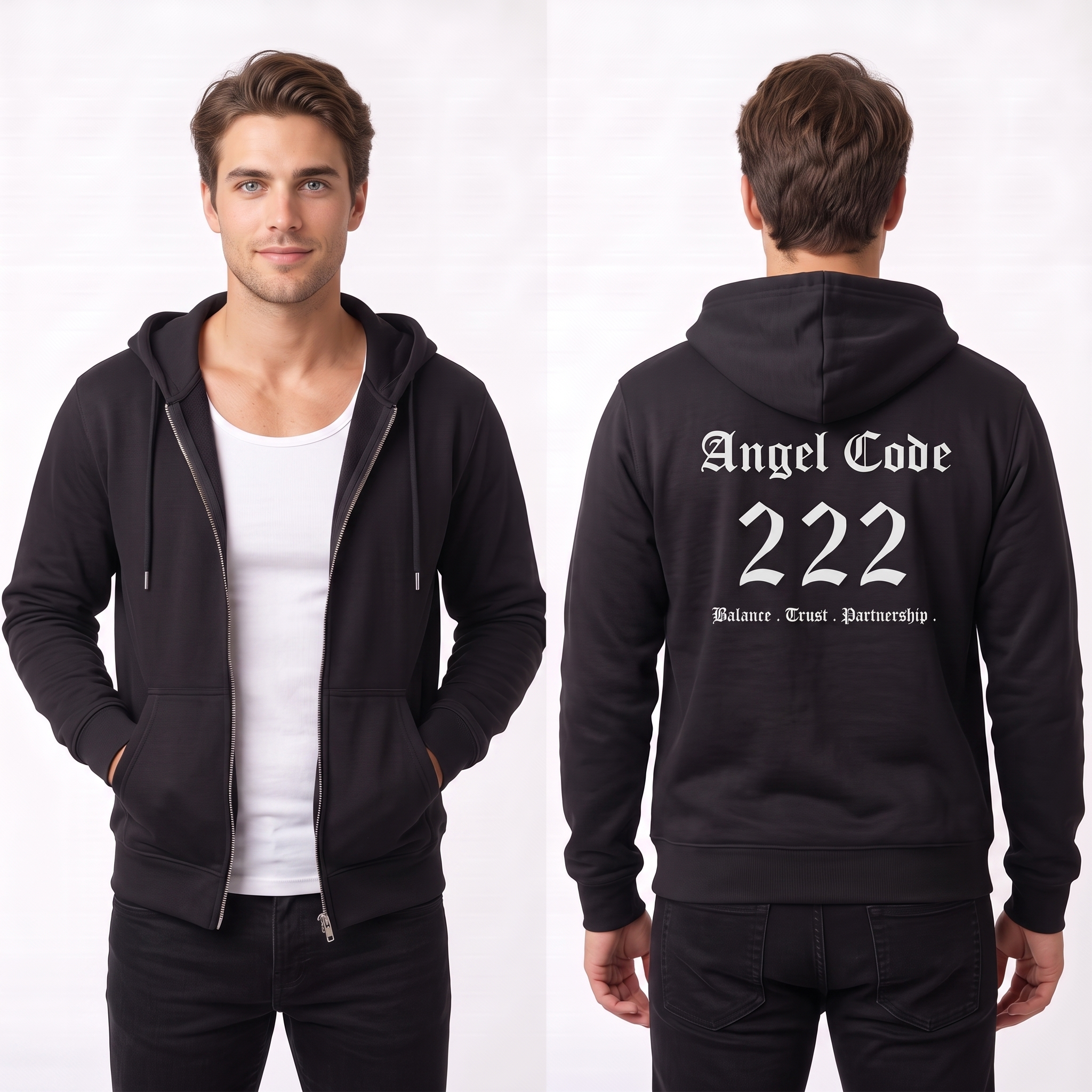 Unisex Manifestation Zip Hoodie 🪽🖤222 'Balance Trust Partnership' Black Full-Zip