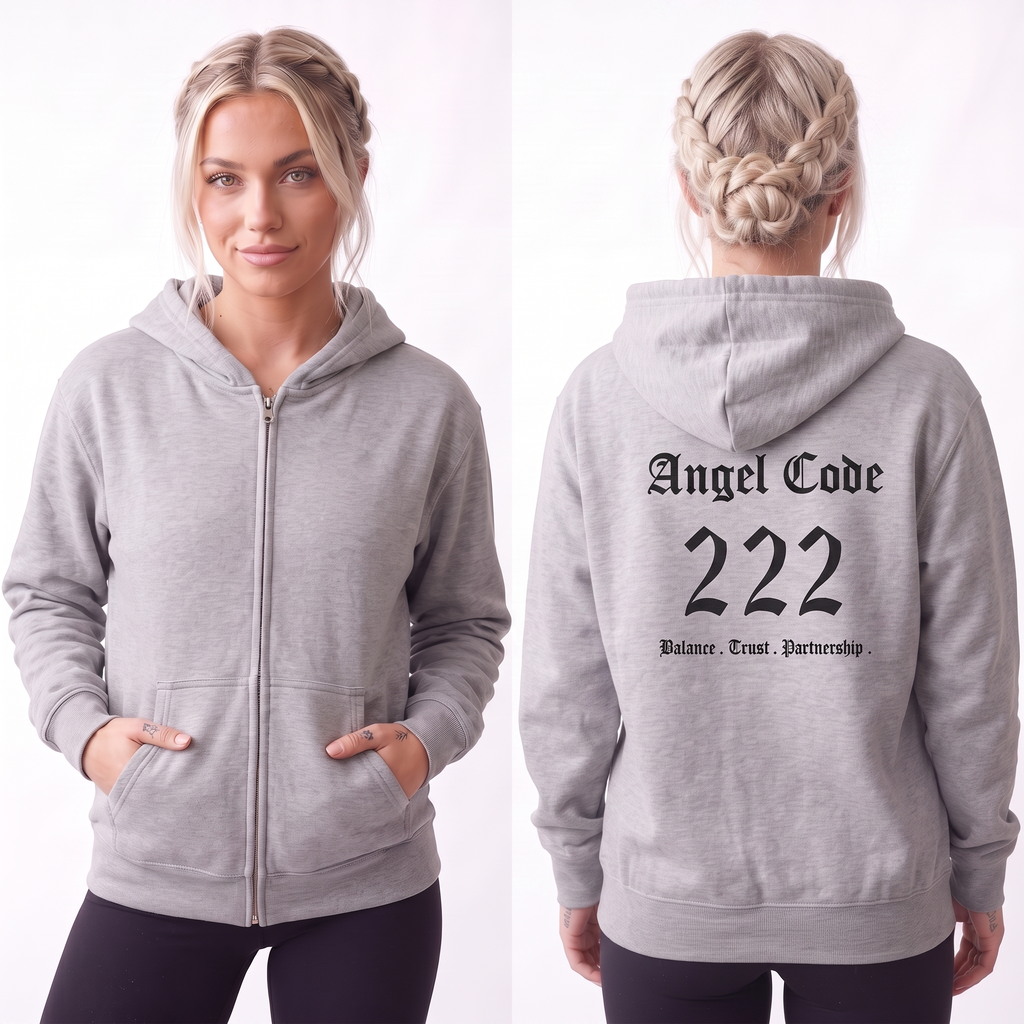 Unisex Manifestation Zip Hoodie 🪽🖤222 'Balance Trust Partnership' Gray Full-Zip