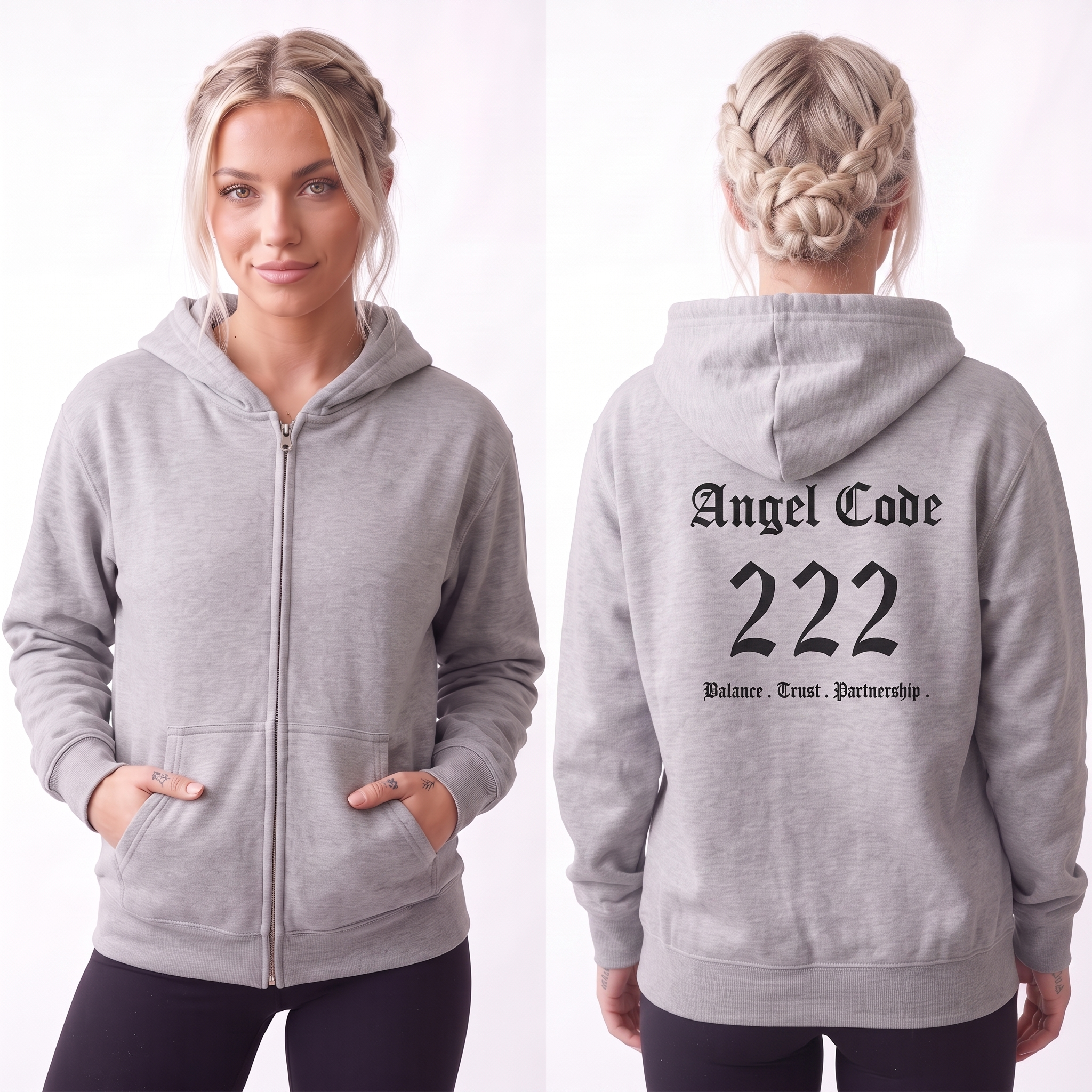 Unisex Manifestation Zip Hoodie 🪽🖤222 'Balance Trust Partnership' Gray Full-Zip