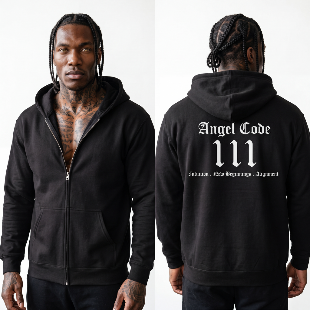 Unisex Manifestation Zip Hoodie 🪽🖤111 'Manifestation New Beginnings Alignment' Black Full-Zip