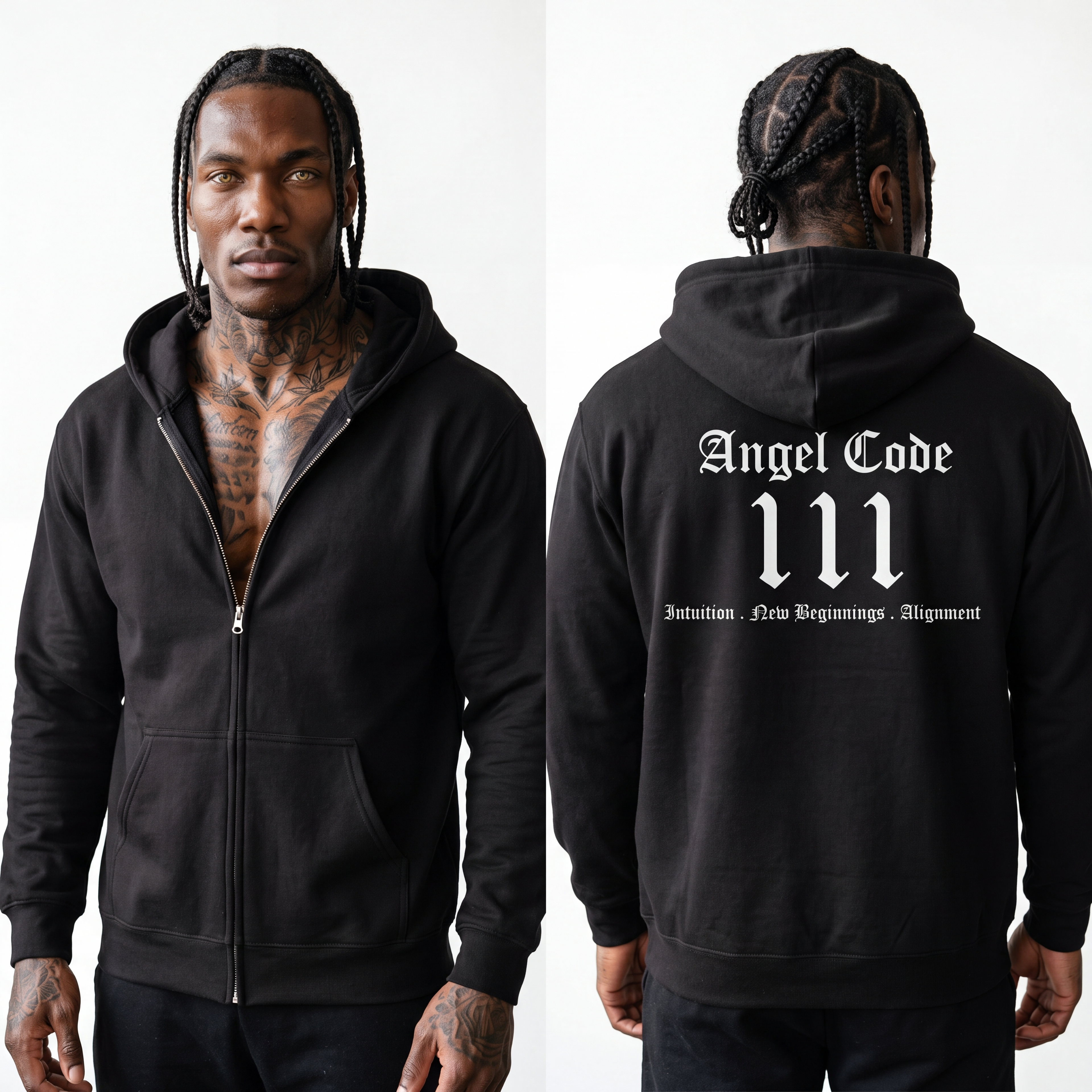 Unisex Manifestation Zip Hoodie 🪽🖤111 'Manifestation New Beginnings Alignment' Black Full-Zip