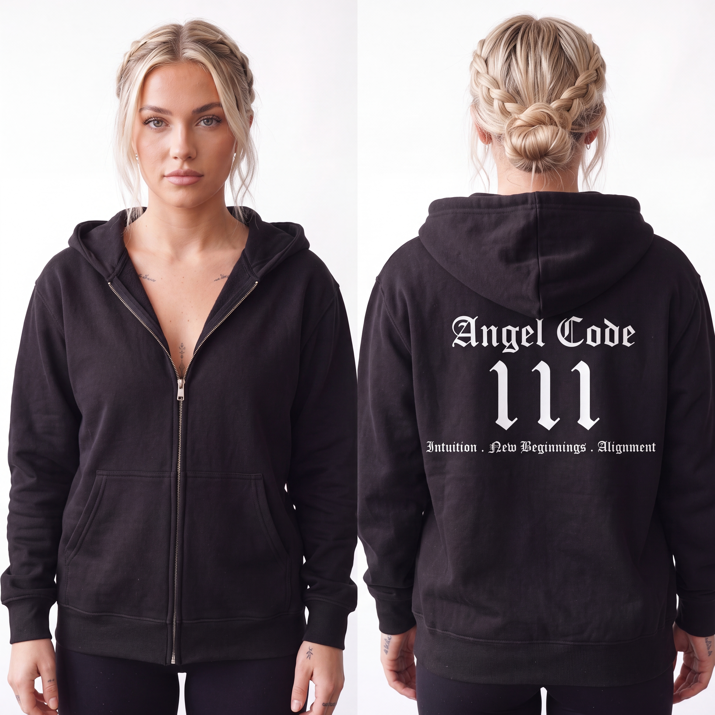 Unisex Manifestation Zip Hoodie 🪽🖤111 'Manifestation New Beginnings Alignment' Black Full-Zip