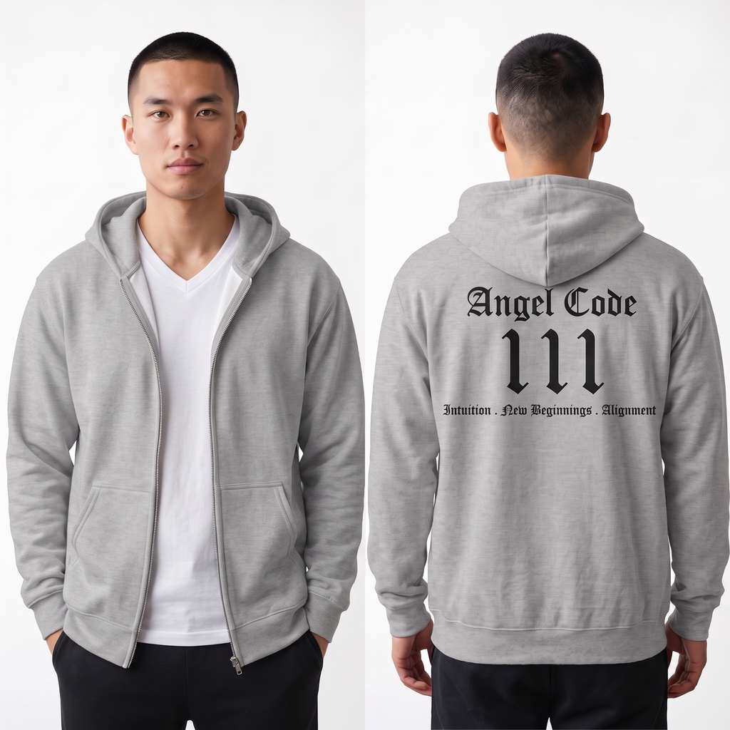Unisex Manifestation Zip Hoodie 🪽🖤 111 'Manifestation New Beginnings Alignment' Gray Full-Zip