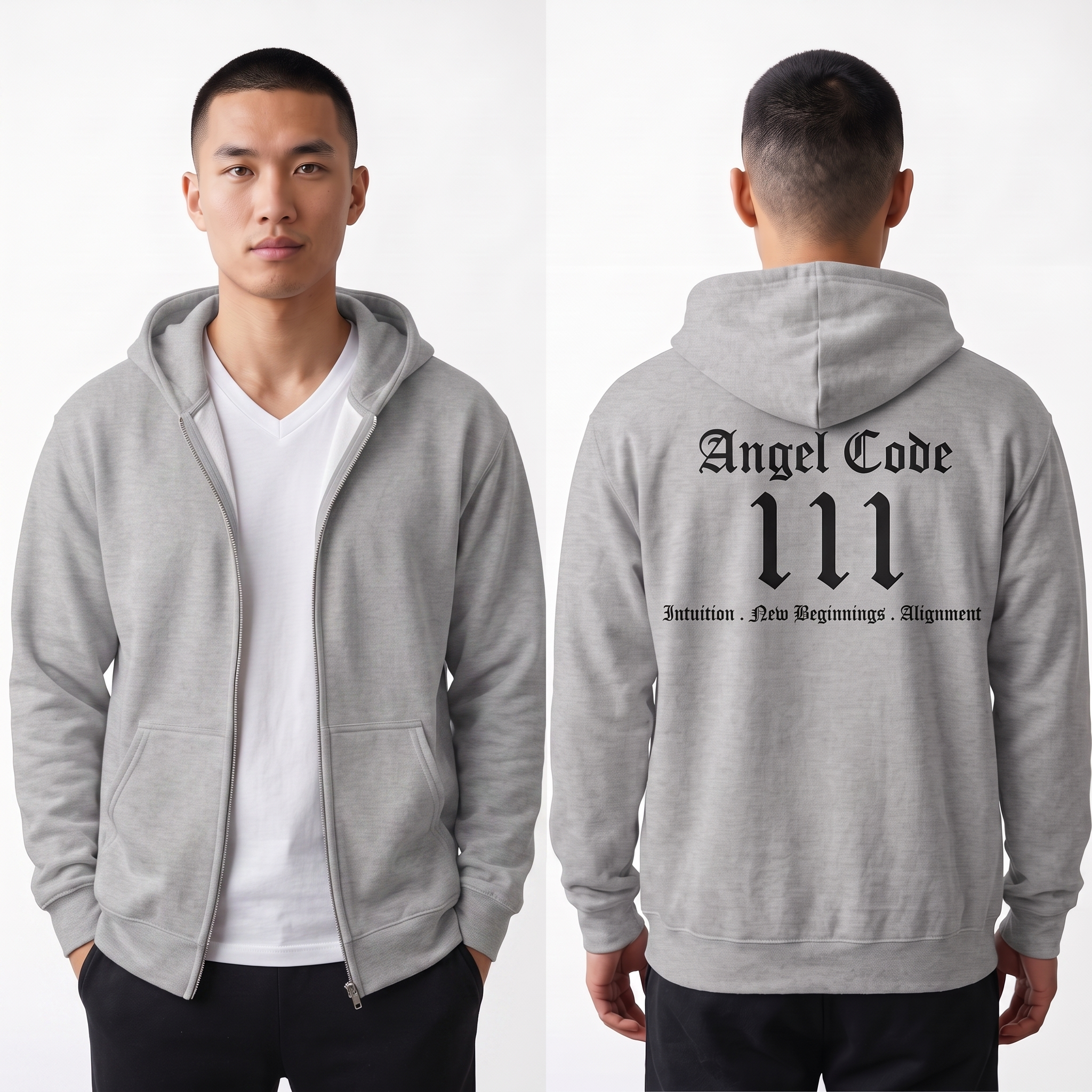 Unisex Manifestation Zip Hoodie 🪽🖤 111 'Manifestation New Beginnings Alignment' Gray Full-Zip