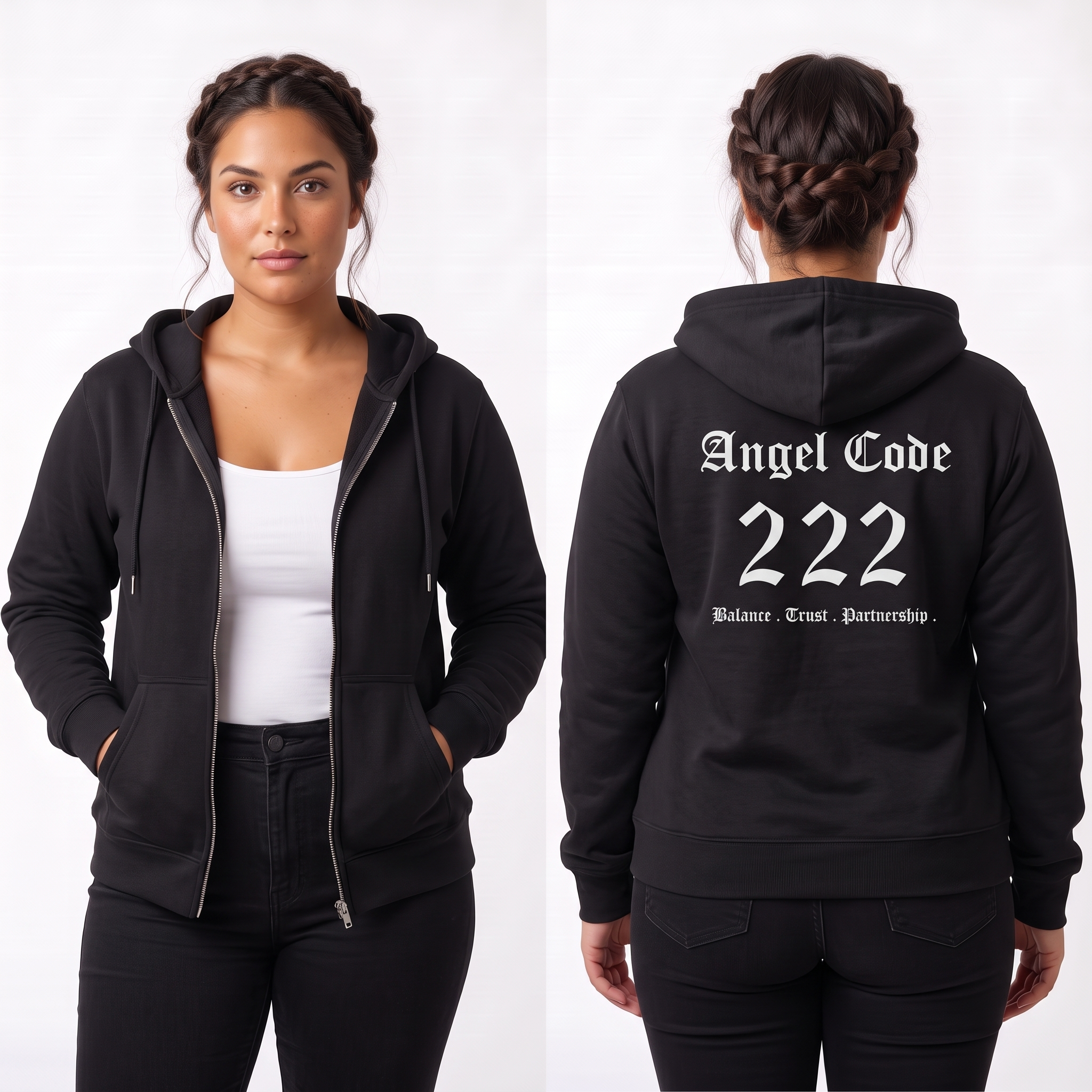 Unisex Manifestation Zip Hoodie 🪽🖤222 'Balance Trust Partnership' Black Full-Zip
