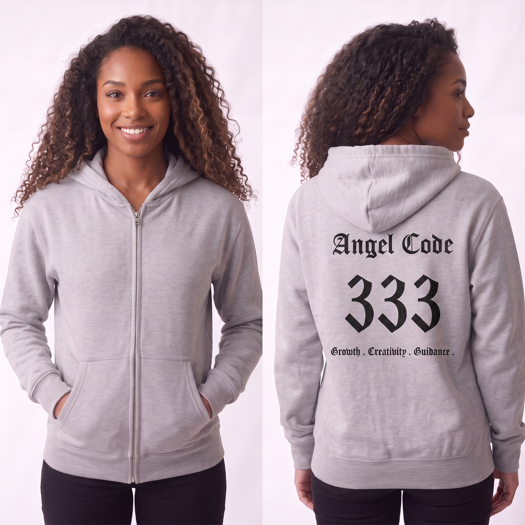 Unisex Manifestation Zip Hoodie 🪽🖤333 'Growth Creativity Guidance' Gray Full-Zip