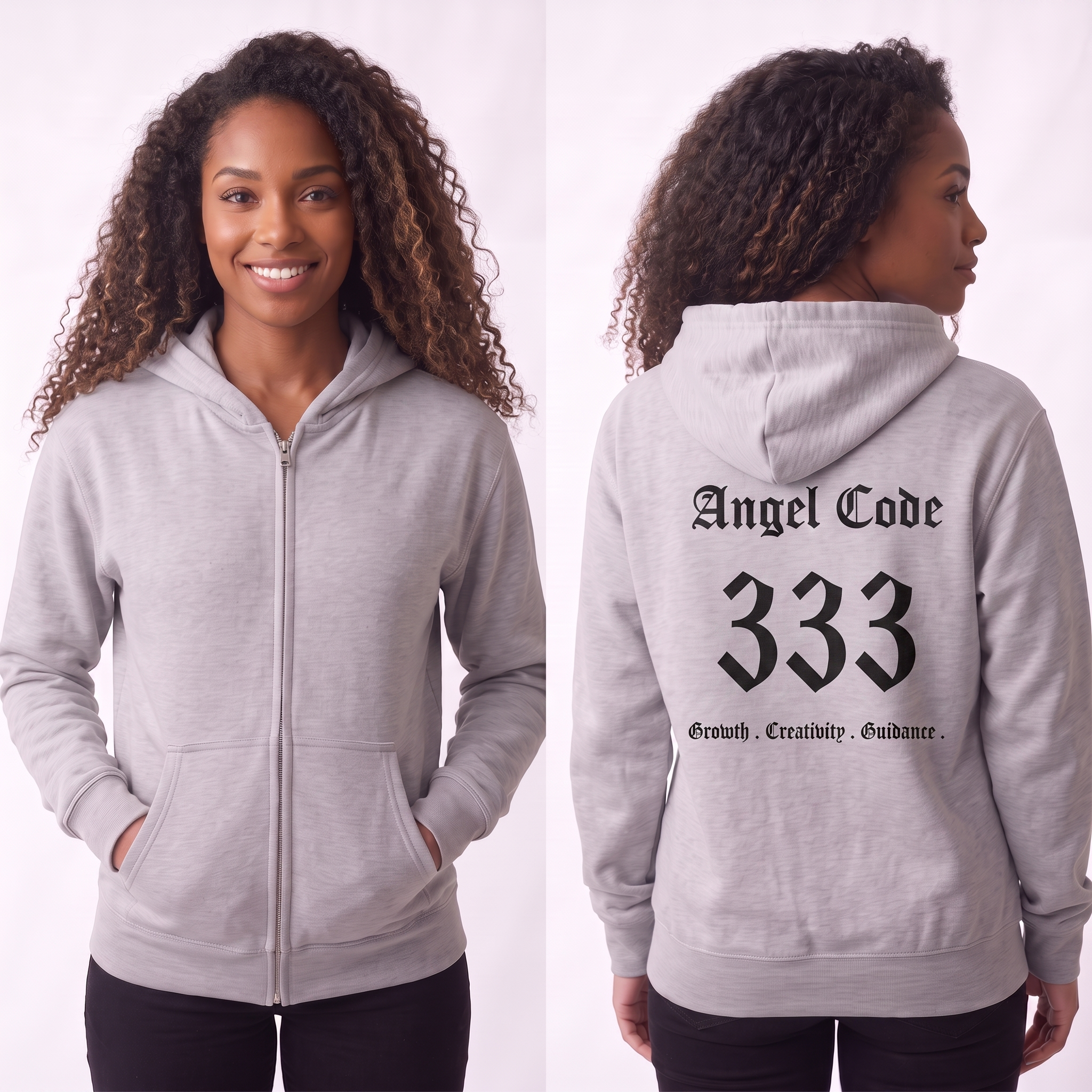Unisex Manifestation Zip Hoodie 🪽🖤333 'Growth Creativity Guidance' Gray Full-Zip